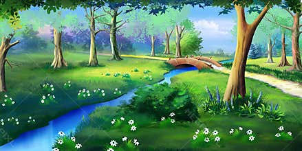 Small Bridge Over the Creek in a Park