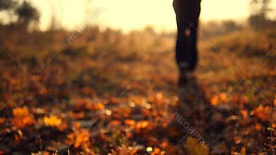 Man jogging in autumn park stepping on dry leaves in slow motion. Male feet running at nature. Guy exercising outdoor