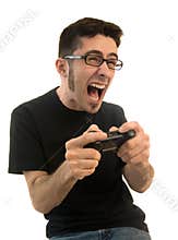 Excited man playing video games