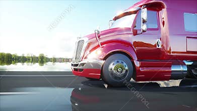 Semi trailer, Truck on the road, highway. Transports, logistics concept. 4K realistic animation.