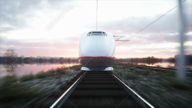 Electric passenger train. Very fast driving. journey and travel concept. Realistic 4k animation.