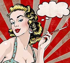 Pop Art illustration of woman with the speech bubble and cigarette.Pop Art girl.Party invitation.Birthday greeting card.