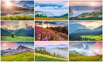 Collage with 9 colorful summer landscapes.
