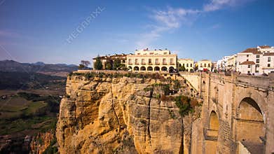 Sun light ronda famous city panoramic bridge view 4k time lapse spain