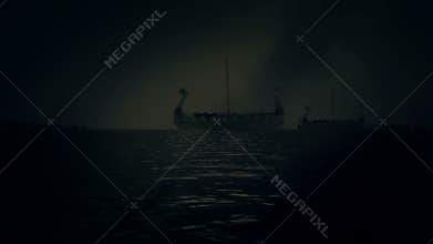 Vikings Ships Fleet Sailing to Shore in a Stormy Rainy Day