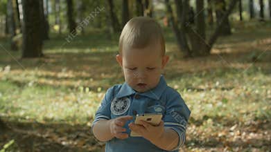 Little boy using smartphone in autumn park