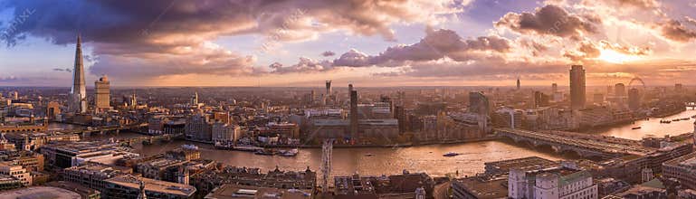 Panoramic skyline of south part of London with beautiful dramatic clouds and sunset - UK
