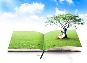 Open Story Book Landscape With Girl Reading Under Tree Imagination Concept