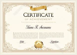 Certificate of Achievement Vintage Frame with Gold Ribbon. Landscape.