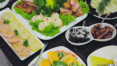 Close up served tables in restaurant.