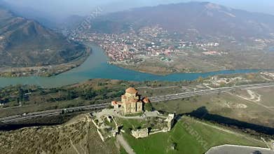 View of Jvari Monastery in Kutaisi from height, aerial shoot