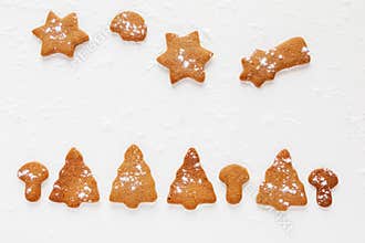 Christmas chocolate and ginger brown cookies in shape of fir-tree, star, moon and mushrooms.