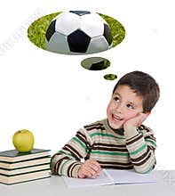 Funny guy in class thinking about playing soccer