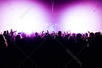 Silhouettes of concert crowd in front of bright stage lights with confetti