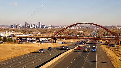 Denver Skyline Transit Train Bridge Colorado Landscape Highway