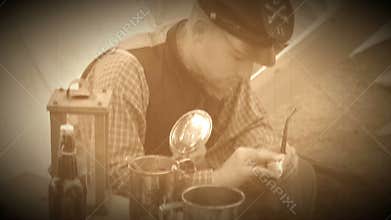 Civil War soldier preps his tobacco pipe (Archive Footage Version)