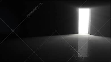 4 00:05 | 00:06 1× A door opening to dark room with bright light shining in. Background 3D Illustration.
