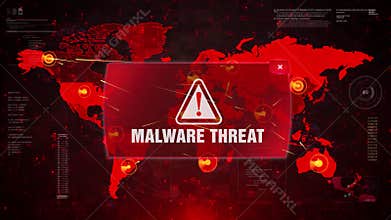 Malware threat alert warning attack on screen world map.