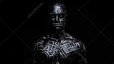 Creepy man with lots of different lines and symbols on his body, 4k