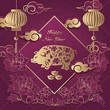 Happy Chinese new year retro elegant relief peony flower lantern pig cloud ingot and spring couplet