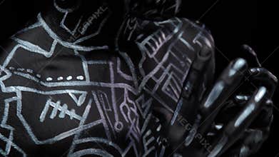 Ethnic symbols on the mans athletic body, body art