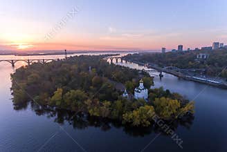 Aerial Flight over the Christian Church in the Monastic island, Dnepr City, Ukraine Dnipro, Dnepropetrovsk