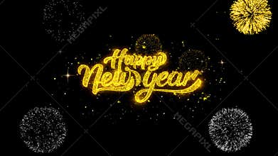 Happy New Year golden Text blinking particles with golden fireworks Display background.