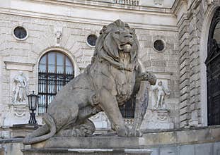 Stone sculpture Lion with Shield, Neue Burg or New Castle, Vienna, Austria