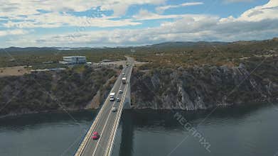 Aerial panorama view with bridge and sea around islands. Beautiful landscape surrounded with blue sea with bridge.