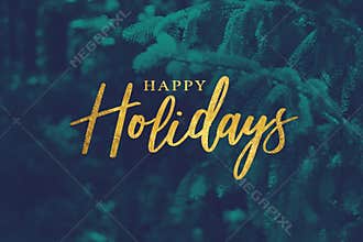 Gold Happy Holidays Script with Duotone Evergreen Branches Background