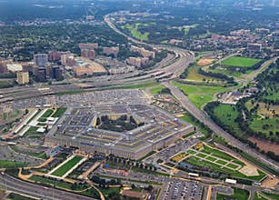 Aerial view of the United States Pentagon, the Department of Defense headquarters in Arlington, Virginia, near Washington DC, with