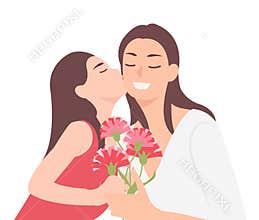 Cartoon people character design happy mothers day child daughter kissing mom and giving her carnation flower as a present