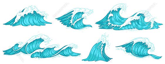 Sea wave. Vintage ocean waves, blue water tide and tidal wave hand drawn vector illustration set