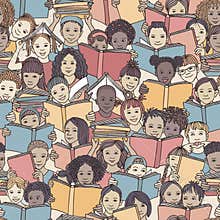 Seamless pattern of children reading colorful books
