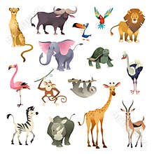 Jungle wild animals. Savannah forest animal bird safari nature africa tropical exotic forest marine mammals, cartoon set