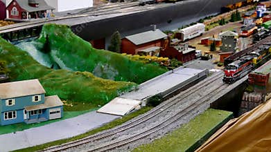 BEMIDJI, MN - 14 MAY 2016: Toy Train Models Operating On Mockup Railroad.