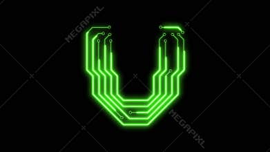 Animated green neon glowing alphabet letter V as circuit board style