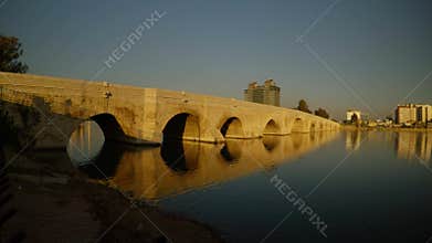Old Rome Stone Bridge,built over 2000 years ago, the city of Adana summer sunny morning