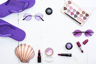 Collection of makeup cosmetic and accessory beauty with fashionable sunglasses