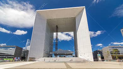 The Grande Arche timelapse hyperlapse in the La Defence business district of Paris, France.