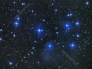Night sky stars pleiades open star cluster M45 in Taurus constellation