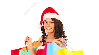 Sale Christmas red bag. Shopping woman in Santa hat.