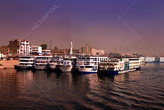Cruise liners on river Nile anchored at Edfu, egypt