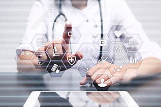 Medicine and healthcare concept. Medical doctor working with modern pc. Electronic health record. EHR, EMR.