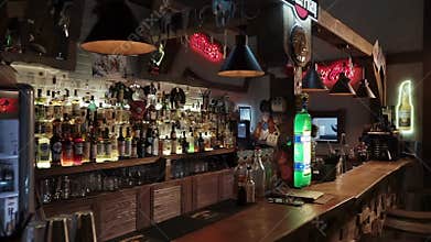 Russia Rosa Khutor-February, 2018: view of the bar behind which is alcohol