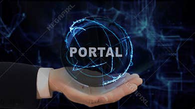 Painted hand shows concept hologram Portal on his hand