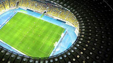 Players training football game, preparation before championship, aerial view