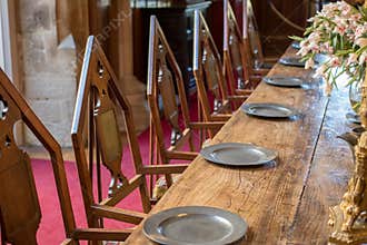 Medieval dining table and chairs. Mediaeval fraternal banqueting