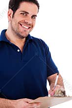 Casual man writing on a pad