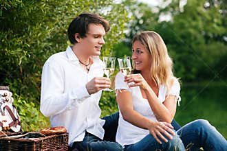 Picnic at the lake with wine